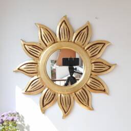 Peruvian Gold Floral Sun Mirror 50 cm Handmade Wall Decor - Carved Wood Round Artistic Statement For Living Room Bathroom - thumbnail 2