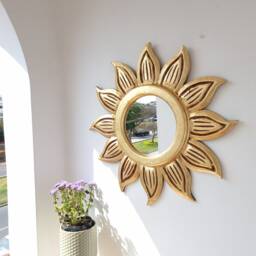 Peruvian Gold Floral Sun Mirror 50 cm Handmade Wall Decor - Carved Wood Round Artistic Statement For Living Room Bathroom - thumbnail 3