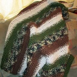 Handmade Crochet Afghan, Chunky Acrylic Throw Blanket, Brown Green Camo Stripe - 50x60