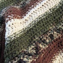 Handmade Crochet Afghan, Chunky Acrylic Throw Blanket, Brown Green Camo Stripe - 50x60 - thumbnail 3