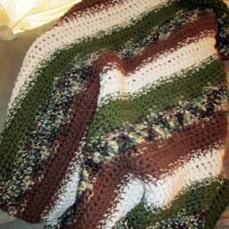 Handmade Crochet Afghan, Chunky Acrylic Throw Blanket, Brown Green Camo Stripe - 50x60 - thumbnail 2