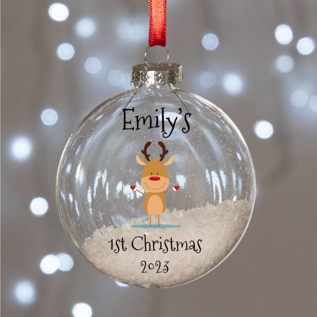 Reindeer Baby's 1st Christmas Round Glass Bauble Tree Decoration