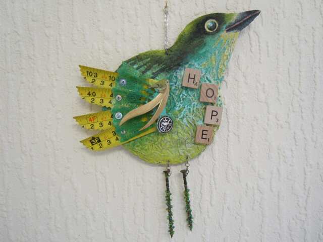 Wren Of Hope - Large Wall Hanging Mixed Media Whimsical Bird Assemblage, Shabby Chic Decor - image 1