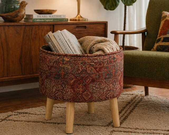 Custom Upholstered Ottoman Round Hidden Storage Footstool - Persian Kilim Fabric - image 1