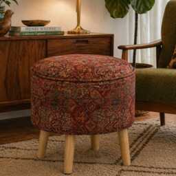 Custom Upholstered Ottoman Round Hidden Storage Footstool - Persian Kilim Fabric - thumbnail 2