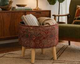 Custom Upholstered Ottoman Round Hidden Storage Footstool - Persian Kilim Fabric - thumbnail 1