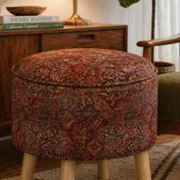 Custom Upholstered Ottoman Round Hidden Storage Footstool - Persian Kilim Fabric - thumbnail 3