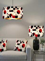 Handmade Velvet Drum Lamp Shade Black Red Geometric Retro Design - thumbnail 1