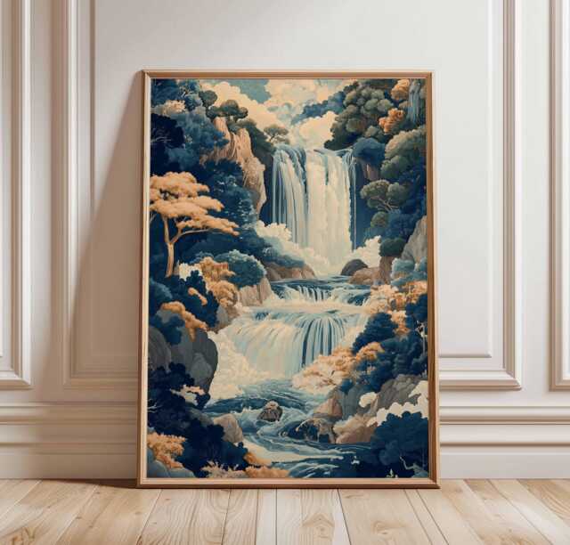 Waterfall Landscape Poster, Mountain Art, Scenic Nature Print, Vintage Style Waterfall, Wall Decor, Relaxing Home Art - image 1