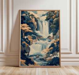 Waterfall Landscape Poster, Mountain Art, Scenic Nature Print, Vintage Style Waterfall, Wall Decor, Relaxing Home Art - thumbnail 1