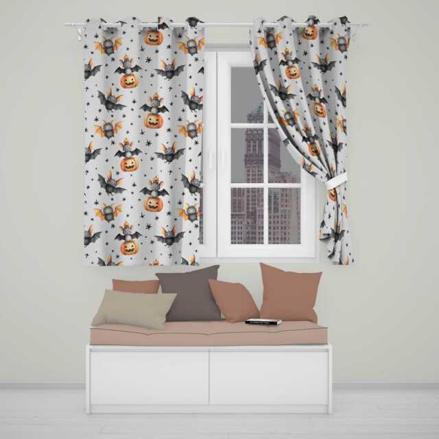 Cute Halloween Bat Pumpkin Star Night Seamless Pattern Soft Lilac Background Readymade Eyelet Ring Top Thermal 100% Blackout Curtains - image 1
