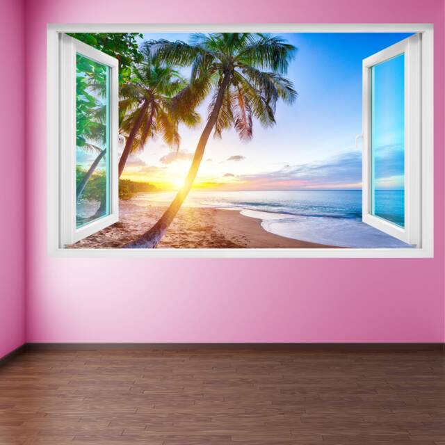 Tropical Beach Wall Decal Sticker - Palm Tree Sunset Mural Ocean View Poster, Caribbean Art Home Decor - Fs1 - image 1