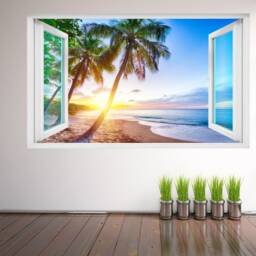 Tropical Beach Wall Decal Sticker - Palm Tree Sunset Mural Ocean View Poster, Caribbean Art Home Decor - Fs1 - thumbnail 2
