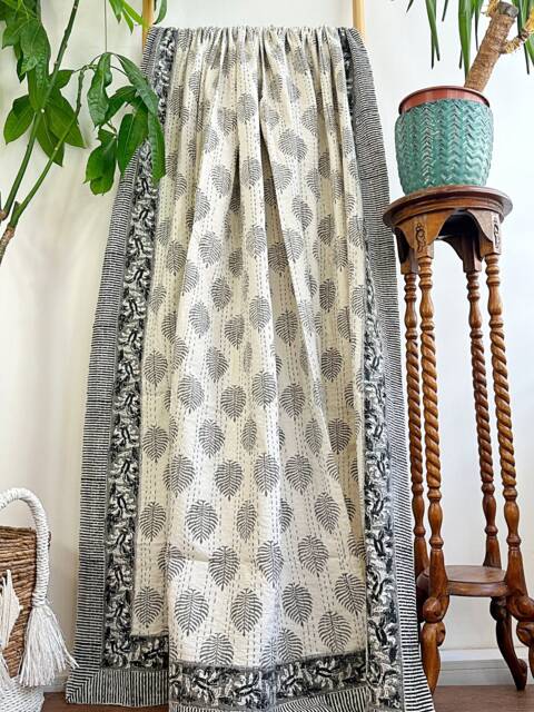 Kantha Stitch Pure Cotton Reversible Bed/Sofa Throw King Size - Handmade Handprinted Floral Dohar White Grey Fern - image 1