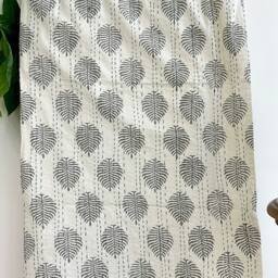 Kantha Stitch Pure Cotton Reversible Bed/Sofa Throw King Size - Handmade Handprinted Floral Dohar White Grey Fern - thumbnail 2