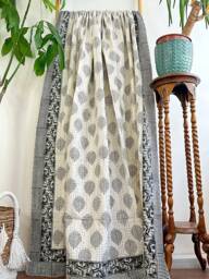 Kantha Stitch Pure Cotton Reversible Bed/Sofa Throw King Size - Handmade Handprinted Floral Dohar White Grey Fern - thumbnail 1