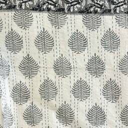 Kantha Stitch Pure Cotton Reversible Bed/Sofa Throw King Size - Handmade Handprinted Floral Dohar White Grey Fern - thumbnail 3