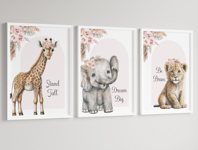 Safari Elephant Giraffe Lion Animal Baby Girls A4 Or A3 Nursery Set Of Unframed Prints Neutral Boho Beige Pink Jungle Flowers Natural - image 1