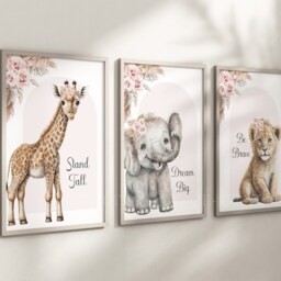 Safari Elephant Giraffe Lion Animal Baby Girls A4 Or A3 Nursery Set Of Unframed Prints Neutral Boho Beige Pink Jungle Flowers Natural - thumbnail 2