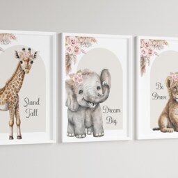 Safari Elephant Giraffe Lion Animal Baby Girls A4 Or A3 Nursery Set Of Unframed Prints Neutral Boho Beige Pink Jungle Flowers Natural - thumbnail 3