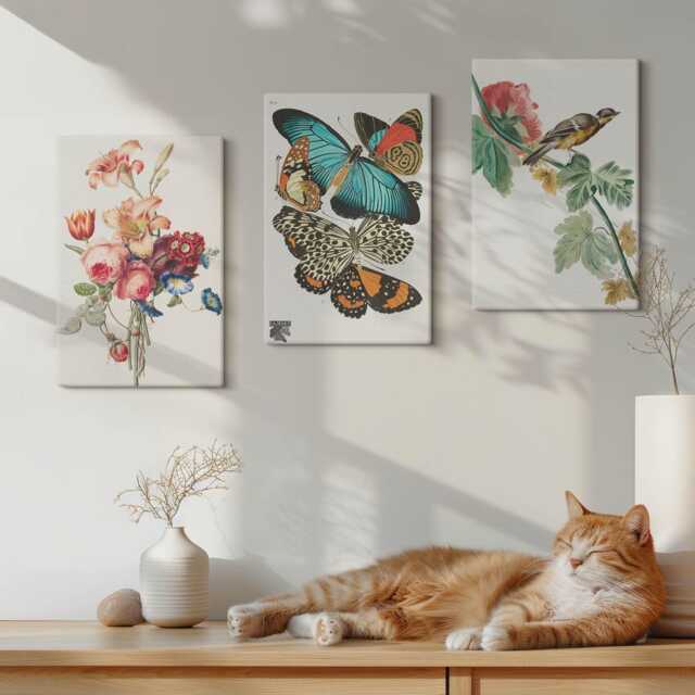 Canvas Art Set Of 3 - Flowers, Butterflies & A Bird in Pastel Shades, Green Wall Canvas, Plants Flowers Decor - image 1