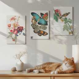 Canvas Art Set Of 3 - Flowers, Butterflies & A Bird in Pastel Shades, Green Wall Canvas, Plants Flowers Decor - thumbnail 1