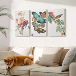 Canvas Art Set Of 3 - Flowers, Butterflies & A Bird in Pastel Shades, Green Wall Canvas, Plants Flowers Decor - thumbnail 2