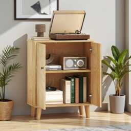 Vintage Storage Cabinet Sideboard Cupboard With Double Chevron Doors & Wood Legs - thumbnail 2