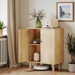 Vintage Storage Cabinet Sideboard Cupboard With Double Chevron Doors & Wood Legs