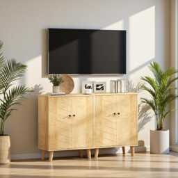 Vintage Storage Cabinet Sideboard Cupboard With Double Chevron Doors & Wood Legs - thumbnail 3