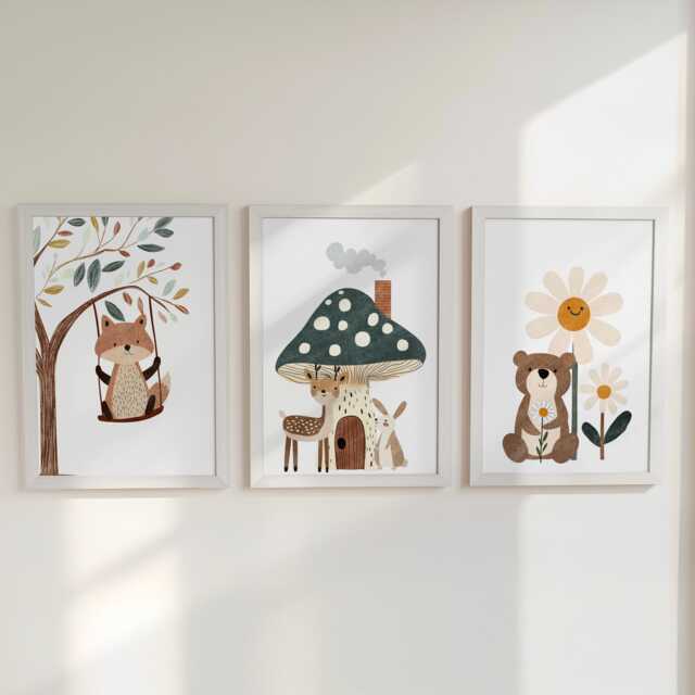 Woodland Animal Nursery Prints, Set Of 3 Whimsical Folk Kids Decor Wall Art, Unisex Optional Frame, Toadstool Personalised Playroom Posters - image 1