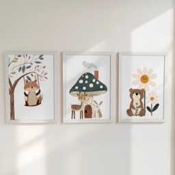 Woodland Animal Nursery Prints, Set Of 3 Whimsical Folk Kids Decor Wall Art, Unisex Optional Frame, Toadstool Personalised Playroom Posters - thumbnail 1