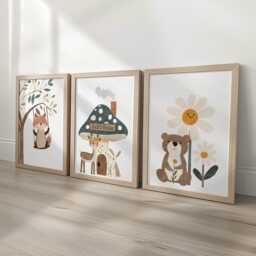 Woodland Animal Nursery Prints, Set Of 3 Whimsical Folk Kids Decor Wall Art, Unisex Optional Frame, Toadstool Personalised Playroom Posters - thumbnail 2