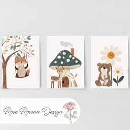 Woodland Animal Nursery Prints, Set Of 3 Whimsical Folk Kids Decor Wall Art, Unisex Optional Frame, Toadstool Personalised Playroom Posters - thumbnail 3