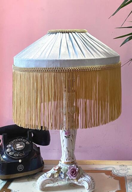 Handmade Blue Silk Lampshade, Gold Fringe, Art Deco, 12 - image 1