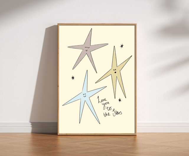 Love You To The Stars Print - Cute Star Illustration, Whimsical Nursery Wall Art, Hand Drawn Boho Mid Century Cosy Kids Decor - image 1