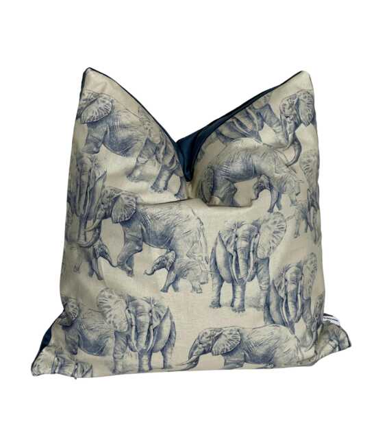 Elephants Safari Cushion Cover - Printed Organic Cotton Fabric, Blue Oatmeal 16-24 - image 1