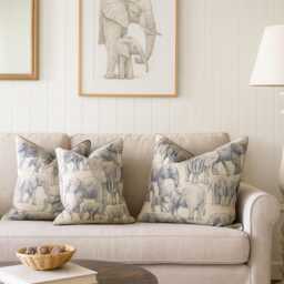 Elephants Safari Cushion Cover - Printed Organic Cotton Fabric, Blue Oatmeal 16-24 - thumbnail 2