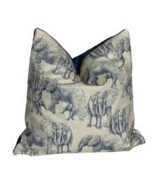 Elephants Safari Cushion Cover - Printed Organic Cotton Fabric, Blue Oatmeal 16-24 - thumbnail 1