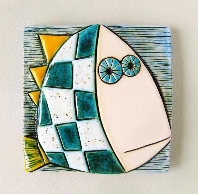 Funny Fish - Whimsical Ceramic Tile - Modern Handmade Wall Hanging Art