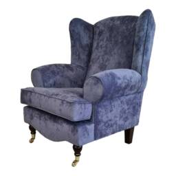 Blueberry Queen Anne Wingback Chair Soft Touch Fabric, Brass Castor Legs - thumbnail 4