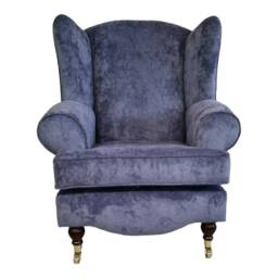 Blueberry Queen Anne Wingback Chair Soft Touch Fabric, Brass Castor Legs - thumbnail 2