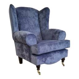 Blueberry Queen Anne Wingback Chair Soft Touch Fabric, Brass Castor Legs