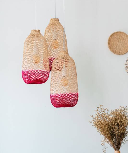 Pink Cluster Pendant Light - Bamboo Baskets Triple Drop Ceiling Canopy Flexible Hand-Dyed Lampshade - image 1