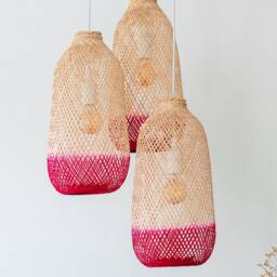 Pink Cluster Pendant Light - Bamboo Baskets Triple Drop Ceiling Canopy Flexible Hand-Dyed Lampshade - thumbnail 3