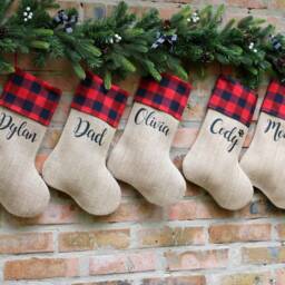 Personalized Christmas Stockings, Decorations, Custom Burlap Buffalo Stockings - thumbnail 3