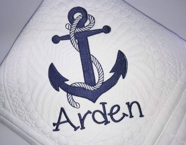 Personalized Nautical Baby Quilt - Anchor Blanket With Name Custom Boy Nursery Bedding Coastal Shower Gift - image 1
