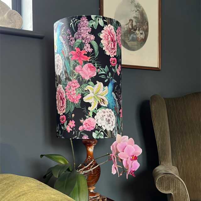 Peacock Floral Velvet Cylinder Lampshade, in Black, Extra Tall Lampshade Peacock Velvet - image 1