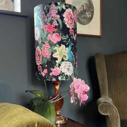 Peacock Floral Velvet Cylinder Lampshade, in Black, Extra Tall Lampshade Peacock Velvet - thumbnail 3
