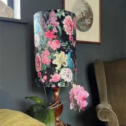 Peacock Floral Velvet Cylinder Lampshade, in Black, Extra Tall Lampshade Peacock Velvet - thumbnail 1
